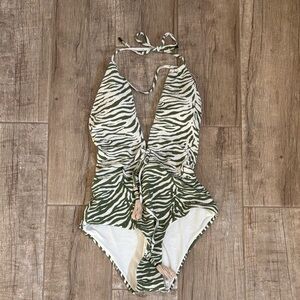 Costa Linda Green Zebra Print Halter Swimsuit- NWT